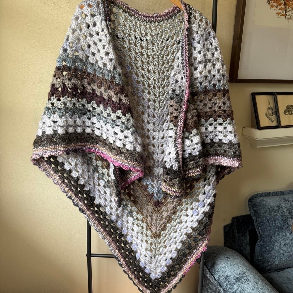 Crochet Granny Square Poncho Brown Gray Pink Boho One Size